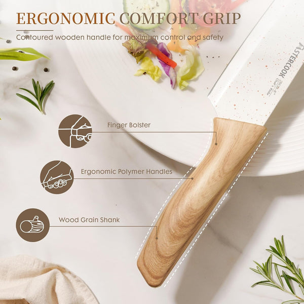 Knife Set, 13 Pieces Kitchen Knives Set with Ceramic Coating, Stainless Steel Chef Knife Sets with 6 Blade Guards, Dishwasher Safe Knives with Wood Grain Handle, Elegant White5