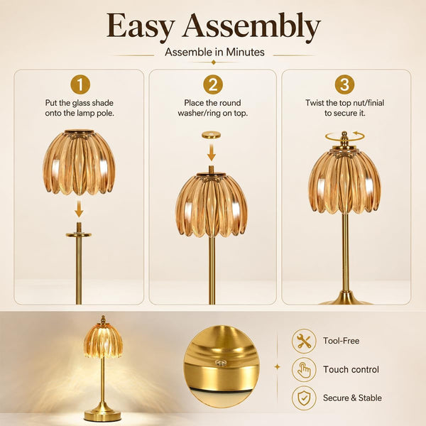 Glass Tulip Table Lamp, Cordless Rechargeable Desk Lamp - Amber6