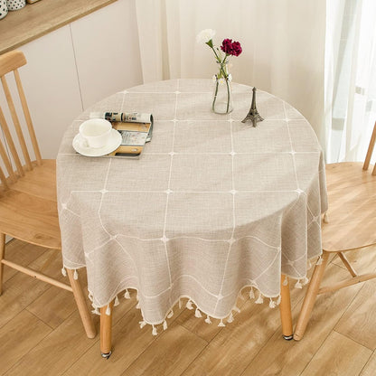 Round Tablecloth, Boho Plaid Tassel round Table Cloth, Heavy Weight Cotton Linen Table Cover for Kitchen Dining Farmhouse Party Tabletop Christmas Picnic Decoration (55Inch, Beige)6