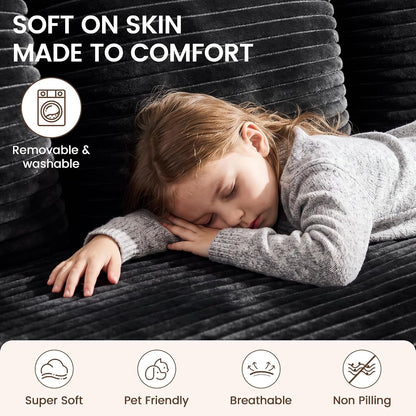 97" L-Shape Sectional Couches, 3 Seater Sectional Sofas for Living Room Bedroom, Plush Corduroy Cloud Boneless Couch Sofa (Black, Left Facing Chiase, 97 Inch)5
