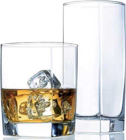 Collins Everyday Drinking Glasses Set of 16 Drinkware Kitchen Glasses for Cocktail, Iced Coffee, Beer, Ice Tea, Wine, Whiskey, Water, 8 Tall Highball Glass Cups & 8 Short Old Fashioned.1