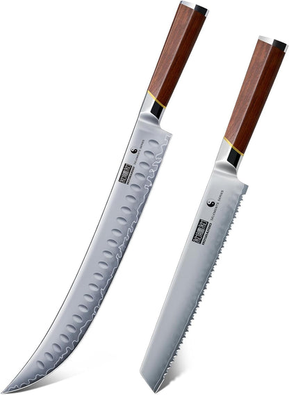 Brisket Slicing Knife 12 Inch & Bread Knife 8 Inch, Razor Sharp Japanese High Carbon Steel Serrated Bread Knife, Professional Curved Carving Knives for Meat, BBQ1