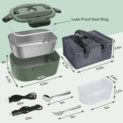 Electric Lunch Box for Adults, 80W Heated Lunch Box Portable Food Warmer Lunch Box for Work/Men/Car/Truck with 1.5L 304 Stainless Steel Container Fork & Spoon, 110V/12V/24V6