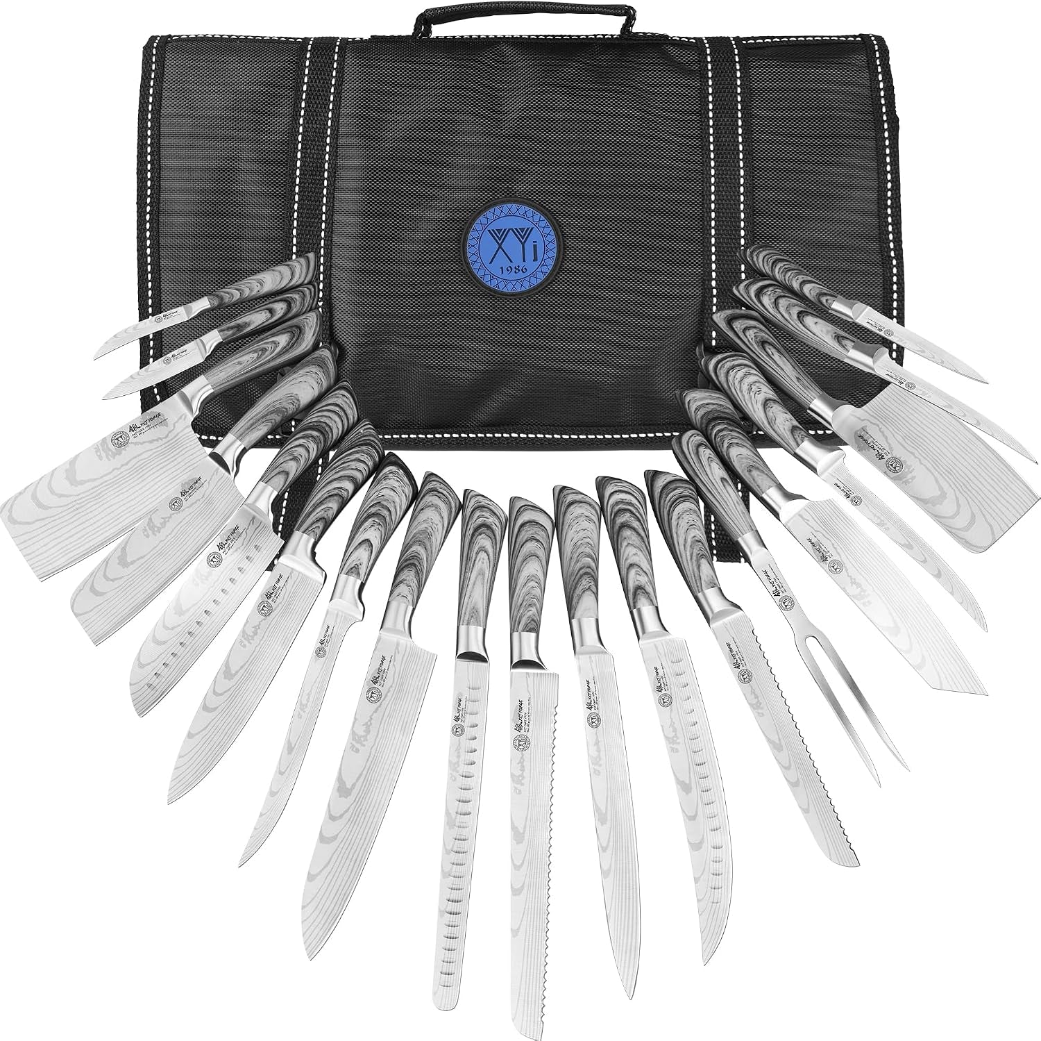 19-piece-kitchen-knife-set-damascus-pattern-stainless-steel-blades-ergonomic-grey-wood-effect-handles-multipurpose-professional-chef-knives-for-cooking-multi-size-knives-for-different-scenarios-acacia-wood-cutting-board-included-ergonomic-grey-wood-effect-handles