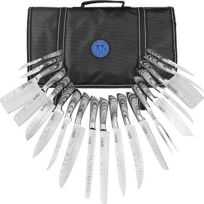 19-Piece Kitchen Knife Set, Damascus Pattern Stainless Steel Blades, Ergonomic Grey Wood-Effect Handles, Multipurpose Professional Chef Knives for Cooking | Multi-Size Knives for Different Scenarios, Acacia Wood Cutting Board Included, Ergonomic Grey Wood-Effect Handles1
