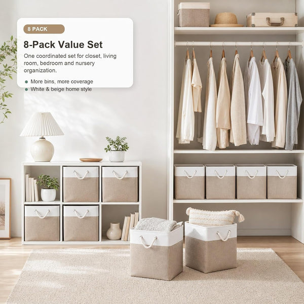 11X11 Inch Cube Storage Bins, 8 Pack Collapsible Fabric Storage Cubes with Rope Handles, Waterproof Foldable Storage Baskets for Cube Shelves, Closet, Clothes, Toys, Books, White & Beige Gold9