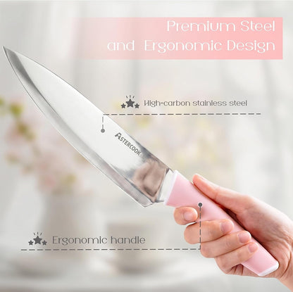 Knife Set, Kitchen Knives Set with Block and Sharpener 15 Pcs German Stainless Steel Knives Sharp Blade Dishwasher Safe Deba Knives with Ergonomic Handle, Crystal Pink7