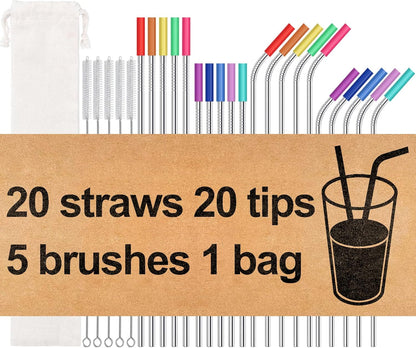 20 Pack Reusable Stainless Steel Metal Straws,10.5" & 8.5" Reusable Drinking Straws with 20 Silicone Tips 5 Straw Brushes 1 Travel Case,Eco Friendly Extra Long Metal Straw Fit for 20 24 30 Oz Tumbler1