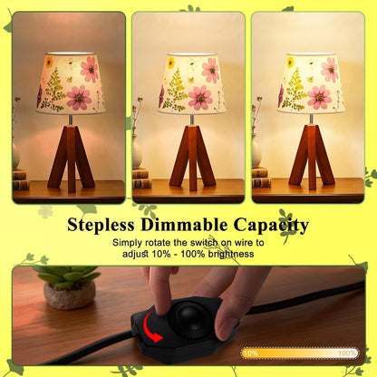 Dried Flowers Tripod Table Lamp 14.17In, 9W LED Dimmable Cute Bedside Lamp with Flowers Linen Lampshade for Nursery, Bedroom, Kid Room, Living Room, Light Brown Wooden Base3