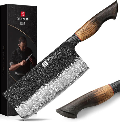 7.3 Inch Vegetable Cleaver Knife,10Cr15Comov Steel Core Forged Damascus Steel,Sharp Slicing Knife for Home Kitchen and Restaurant,Ergonomic White Oak + Red G10 Gasket Handle1