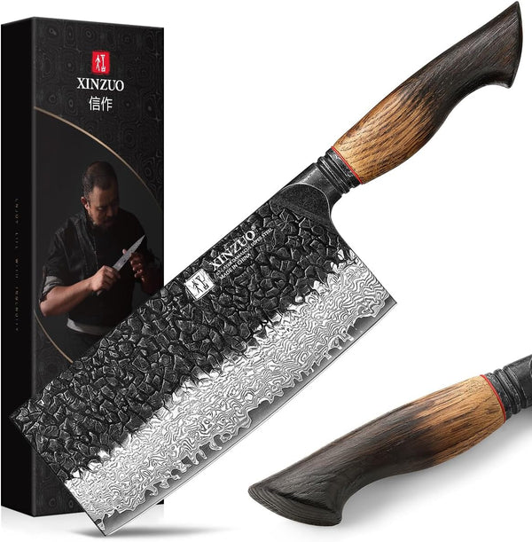 7.3 Inch Vegetable Cleaver Knife,10Cr15Comov Steel Core Forged Damascus Steel,Sharp Slicing Knife for Home Kitchen and Restaurant,Ergonomic White Oak + Red G10 Gasket Handle1