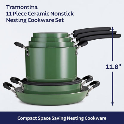 Ceramic Non Stick 11-Piece Nesting Pots and Pans Set - Green | Stackable Kitchen Cookware Set with Lids, Dishwasher and Oven Safe3