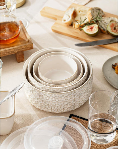 Serving Bowls with Lids, Ceramic Nesting Bowls Set of 4, Off-White4