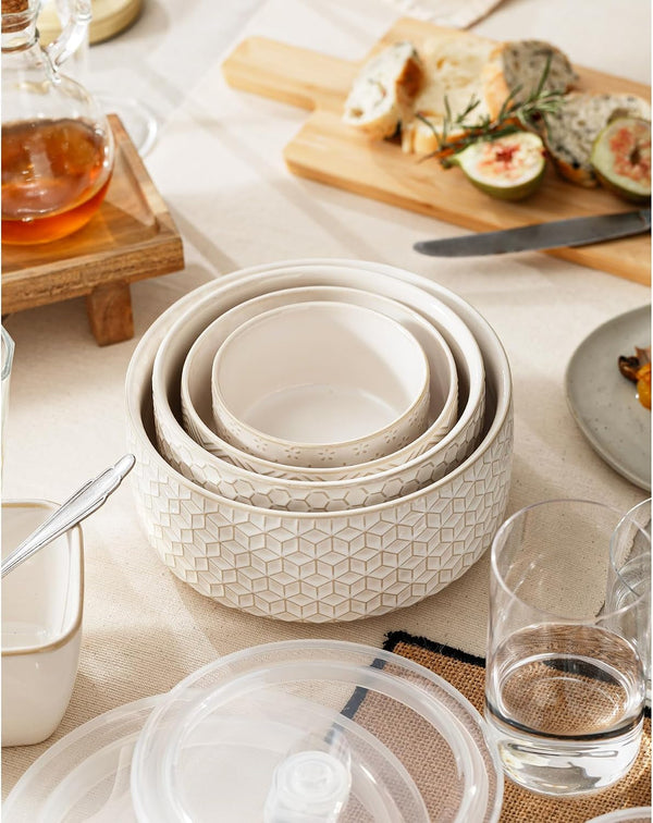 Serving Bowls with Lids, Ceramic Nesting Bowls Set of 4, Off-White4