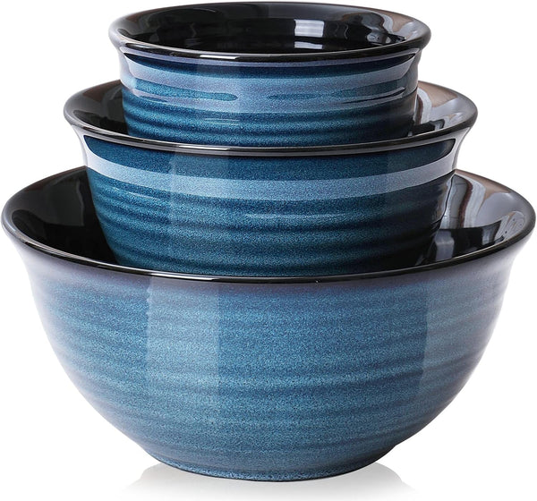 Ceramic Mixing Bowls Set for Kitchen, Handmade Serving Dishes for Entertaining, 2.1/1.0/0.5 Qt Deep Microwave Safe Nesting Bowls for Storage and Baking, Blue1