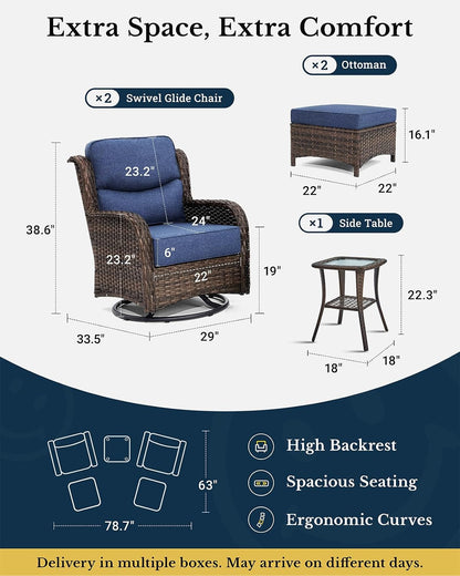 5-Piece Luxury Patio Furniture Set with 6" Thick Cushions, Weather-Resistant Wicker High Back Swivel Rocker Chairs, Senior-Friendly Conversation Set for Small Porch, Deck and Sunroom, Blue(V2)2