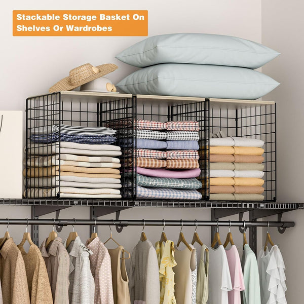 3-Pack Taller Closet Organizers and Storage with Wood Top, Stackable Wire Storage Bins for Clothes, Bags, Towels, Double Storage Design, Sturdy Metal Cube Shelf Organizer for Closet Wardrobe, Black2