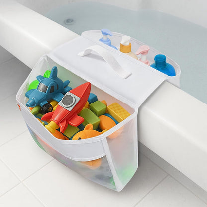 Bath Toy Organizer with 2 Large Pockets, Mesh Bathtub Toy Holder for Kids, Quick Dry Bathroom Storage Bag, Saddle Style Bath Toy Storage for Shampoo, Soap & Bath Essentials, Fits Tub Edges up to 6"1