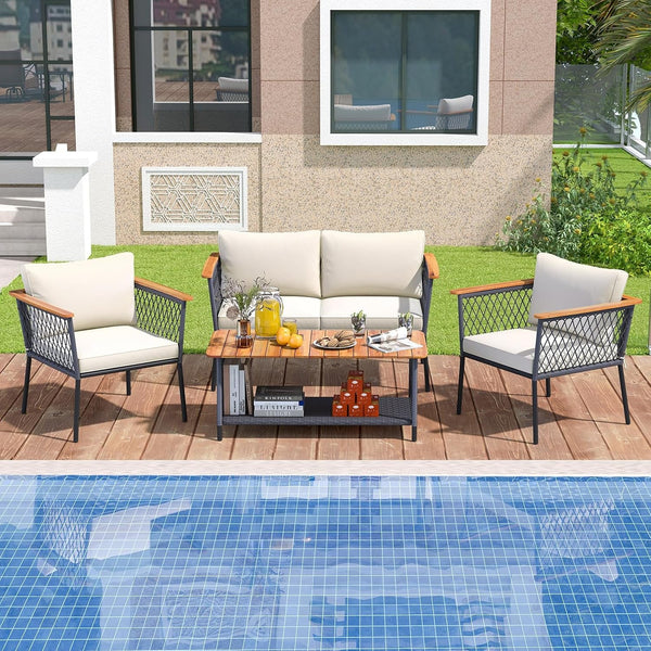 4 Piece Patio Furniture Set, Patiojoy Rattan Chair Set W/ 2-Tier Coffee Table, Acacia Wood Armrests & Tabletop, Soft Seat & Back Cushions, Outdoor Wicker Conversation Set3