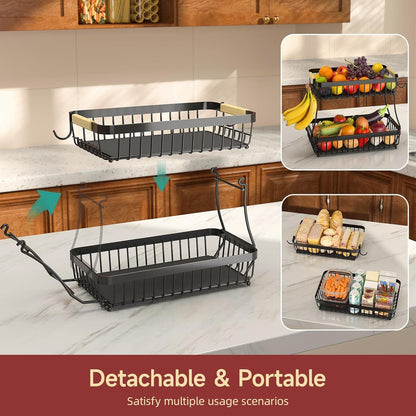 2-Tier Fruit Basket with Banana Hangers, Detachable Metal Bowl | Wooden Handle, Protective Mats Included. Versatile Holder for Bread, Snacks, and Veggies. Large 2 Tier Metal Design.3