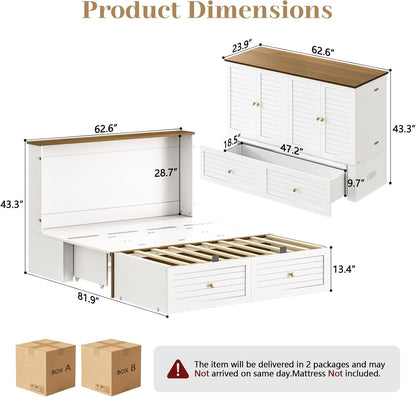 Queen Murphy Bed with Charging Station - Modern Queen Bed Frame with Storage, Foldable Platform Cabinet Beds with Drawer, Wood Hideway Bedframe for Guest & Living Room, Bedroom, Office, White2