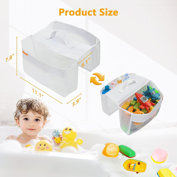 Bath Toy Organizer with 2 Large Pockets, Mesh Bathtub Toy Holder for Kids, Quick Dry Bathroom Storage Bag, Saddle Style Bath Toy Storage for Shampoo, Soap & Bath Essentials, Fits Tub Edges up to 6"6