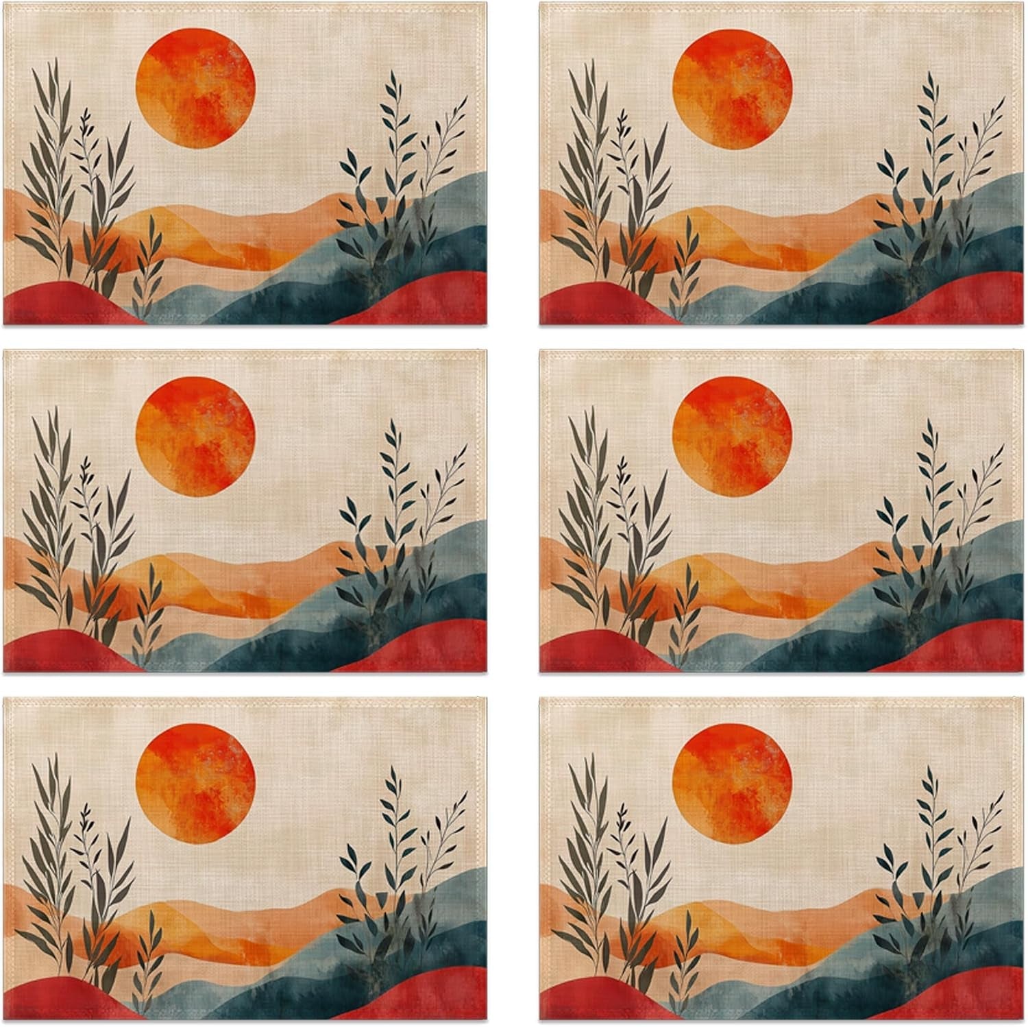 boho-sunrise-abstract-sun-leaves-placemats-set-of-6-linen-table-mats-12x18-inch-washable-placemats-for-dining-table-non-slip-heat-resistant-mats-for-kitchen-home-decor