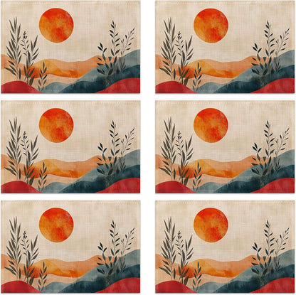 Boho Sunrise Abstract Sun Leaves Placemats Set of 6 Linen Table Mats, 12X18 Inch Washable Placemats for Dining Table, Non Slip Heat Resistant Mats for Kitchen Home Decor1