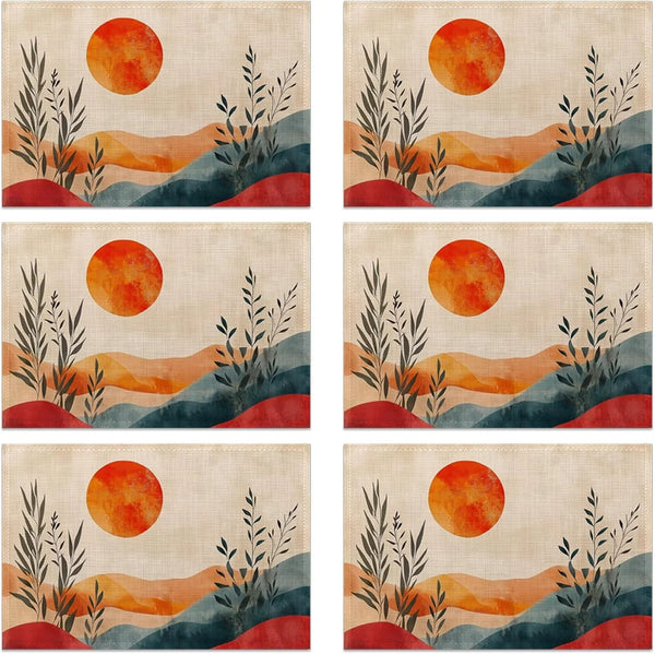 Boho Sunrise Abstract Sun Leaves Placemats Set of 6 Linen Table Mats, 12X18 Inch Washable Placemats for Dining Table, Non Slip Heat Resistant Mats for Kitchen Home Decor1
