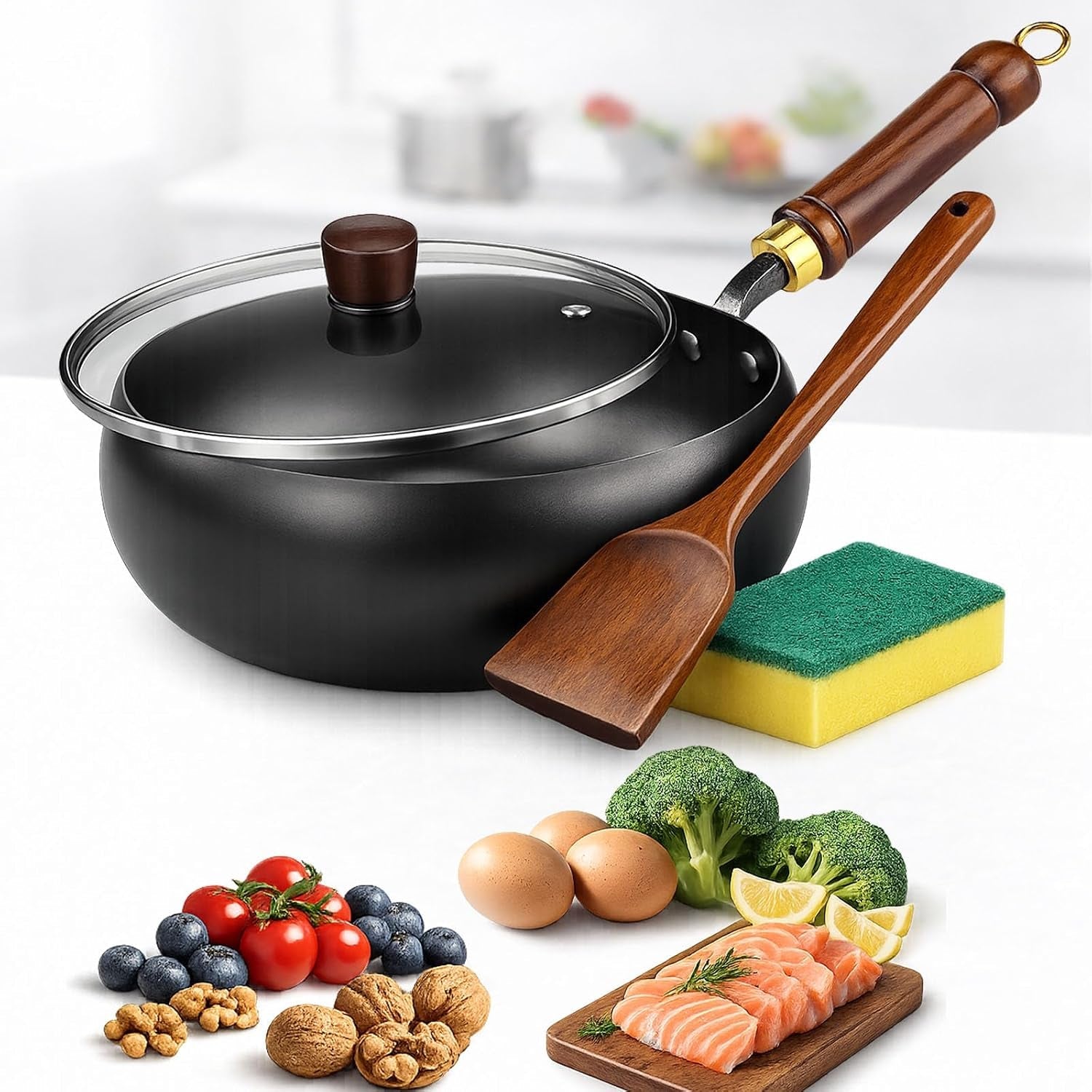 japanese-cast-iron-wok-with-wooden-lid-spatula-11-inch-hand-hammered-uncoated-iron-pot-naturally-non-stick-frying-pan-heavy-duty-cookware-for-induction-gas-electric-stoves-glass-lid-10-2in