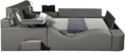 Smart Multifunctional Queen Size Bed, Wood Frame, Gray Upholstery, Massage Chaise, USB Charging, Storage Drawers, LED Lights, Bluetooth Speakers, Modern Design for Bedroom Comfort And5