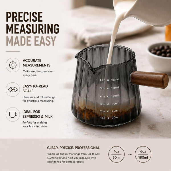 2 Pack Espresso Shot Measuring Cups 6Oz, Clear & Grey Ribbed Glass Espresso Cups with Wood Handle, V-Shaped Spout, Oz/Ml Markings for Espresso, Milk Frothing, Latte and Coffee Bar5
