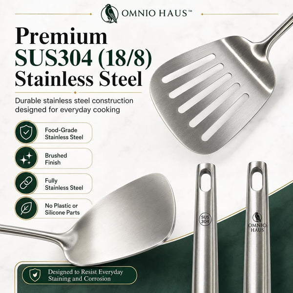 Premium Stainless Steel Kitchen Utensil Set, 5-Piece 304 (18/8) Cooking Utensils with Hooks, Soup Ladle, Slotted Turner, Solid Wok Turner, Skimmer, Potato Masher, Storage Bag and Gift Box3