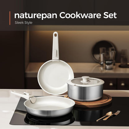 5PCS Pots and Pans Set Non Stick, Diamond-Titanium Ceramic Cookware Set & 3 Layer Stainless Steel with Detachable Handle, Induction Cookware, Non Toxic Oven/Dishwasher Safe, White12