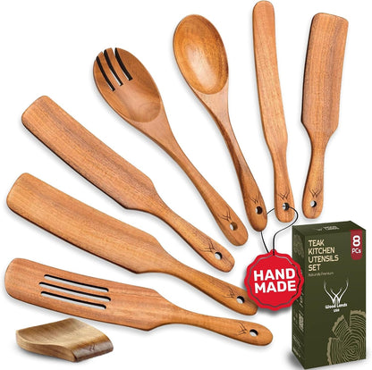 8PCS Wooden Spurtle Set for Cooking – Handmade Premium Wooden Spatula & Turner Set, Nonstick Friendly Flat Frying Utensils with Long Comfortable Handles, Durable Natural Wood Kitchen Tools1