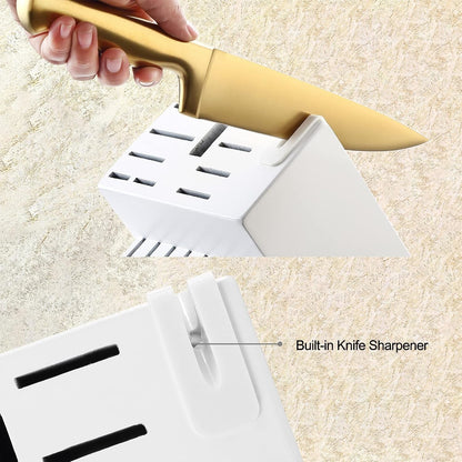 ® Kitchen Knife Sets, Golden Titanium Stainless Steel Knives Block Set with Built-In Sharpener, 20 Piece Knives, Restaurant Grade Sharp, Elegant Gold & Stylish Wooden Block for Modern Culinary | German Forged Stainless Steel,20 Pc,Razor Sharp,Anti-Rust, Ergonomic Handles,Full Tang,Elegant Gold, Gift Box3