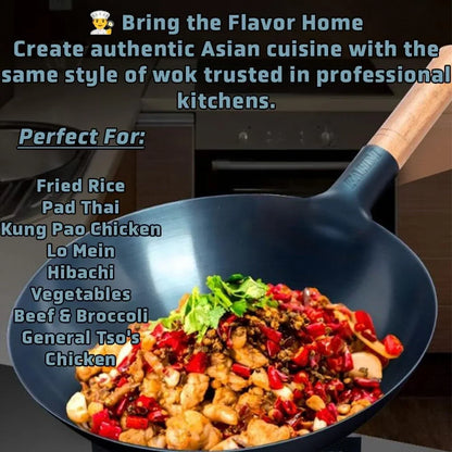 14 Inch Pre-Seasoned Blue Carbon Steel Wok – Traditional round Bottom Chinese Pow Wok with Wooden Handle for Gas Stovetops & Open Fire (5 Quart)2
