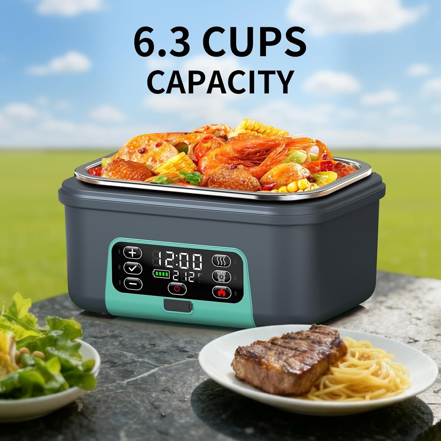 cordless-electric-heated-lunch-box-1-5l-6-3-cups-100w-rechargeable-smart-self-heating-food-warmer-with-removable-divider-spoon-fork-bpa-free-portable-lunchbox-for-car-travel-office-lake-green