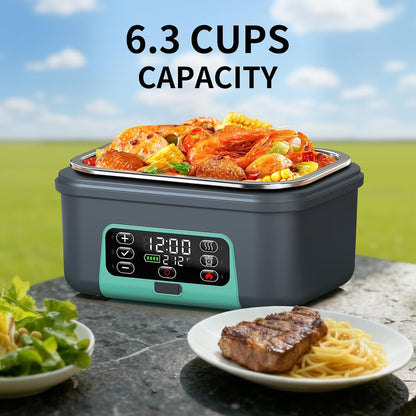 Cordless Electric Heated Lunch Box, 1.5L - 6.3 Cups 100W Rechargeable Smart Self-Heating Food Warmer with Removable Divider, Spoon, Fork, BPA Free, Portable Lunchbox for Car Travel Office Lake Green2