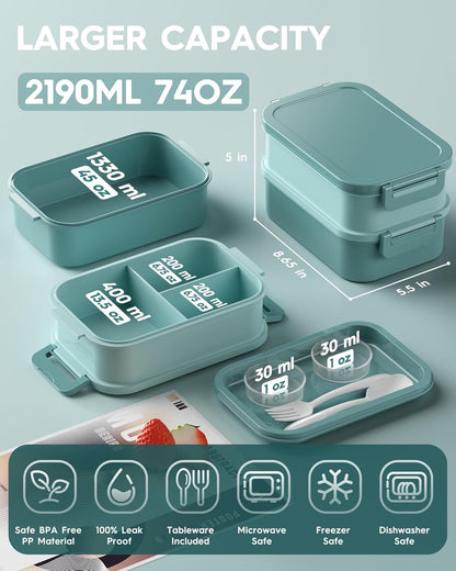 Adults Bento Lunch Box Set with Thermo Bag, 74Oz Stackable Leak-Proof 3-Tiers Bento Box, Built-In Utensil and Sauce Container for Work, School, Dining Out (Green)2