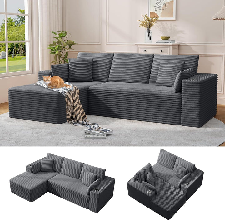 Pingliang 102" Cloud L-Shaped Sectional Sofa, Dark Grey Corduroy