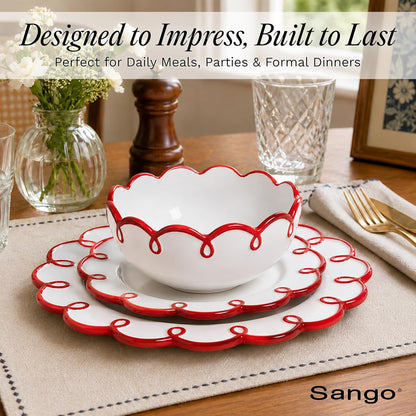 12-Piece Stoneware Dinnerware Set for 4, Glossy White Plates and Bowls Sets with Red Scalloped Rims, Premium Dish Set, Dishes for Hosting Parties, Birthday & Wedding Gifts, Splash of Cheers8