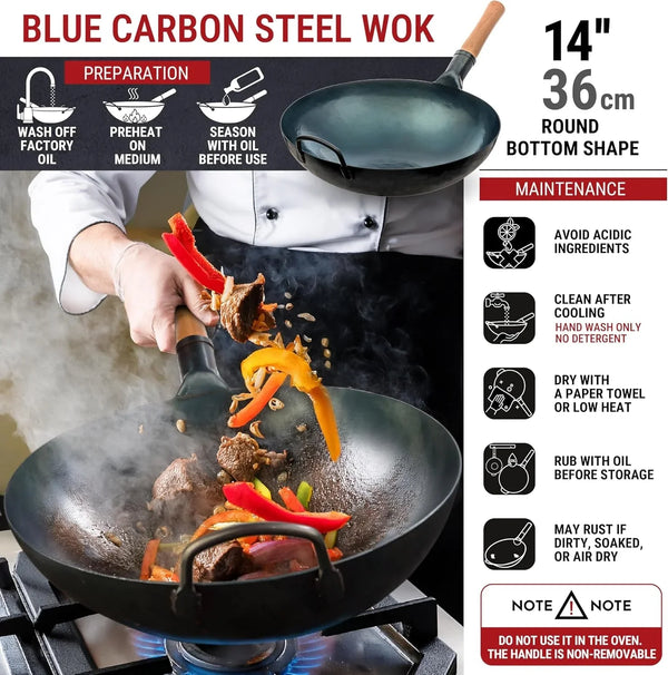 14” Blue Carbon Steel Wok with round Bottom | Blue Pre-Seasoned Pow Wok for Stir Fry, BBQ & Camping – Traditional Chinese Cookware – Gas Stoves & Open Fire Only3