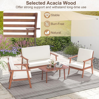 4 Piece Outdoor Conversation Set, Acacia Wood Sofa Set with Soft Seat & Back Cushions, Rectangle Coffee Table Patio Wood Furniture Set for Backyard, Poolside, Garden (1, off White)7