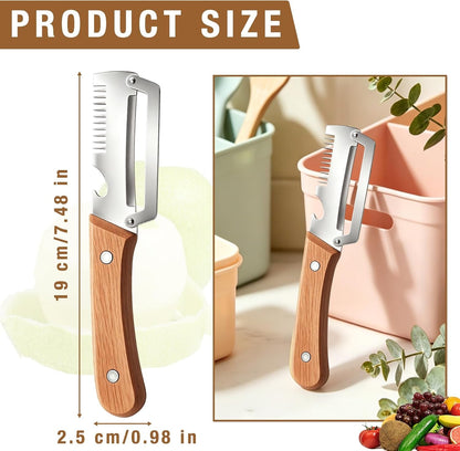 2Pcs Multifunctional Vegetable Peeler,Wooden Kitchen Tool with Bottle Opener,3 in 1 Kitchen Gadgets Stainless Steel Peelers for Fruit Veggie6