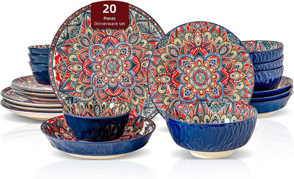 Homevss 20 Pieces Dinnerware Sets, Plates and Bowls Set, Porcelain Dishes Set for 4, Microwave and Dishwasher Safe, Scratch Resistant, Bohemian Style Dining Ware1