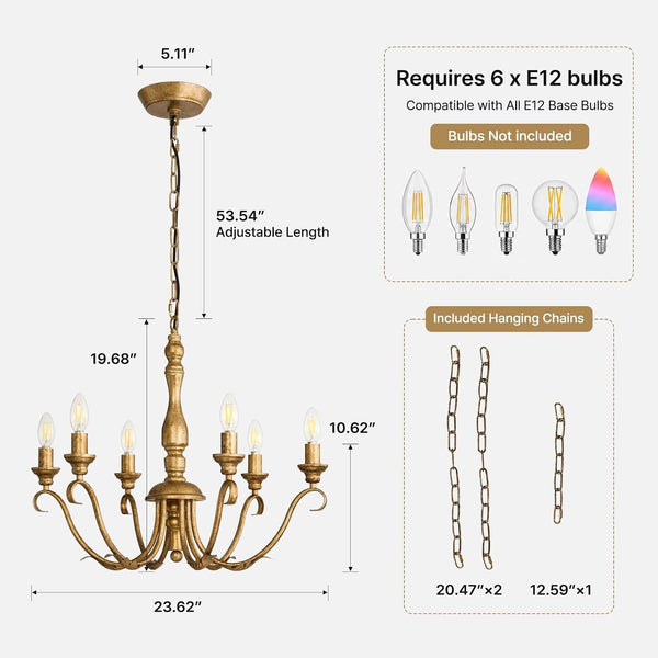 Farmhouse Vintage Antique Brass Chandelier: Distressed Gold Candle Fixture3