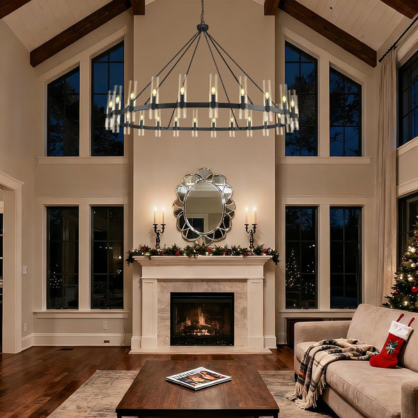 70" 24-Light Black Wagon Wheel Chandelier for High Ceilings Living Room9