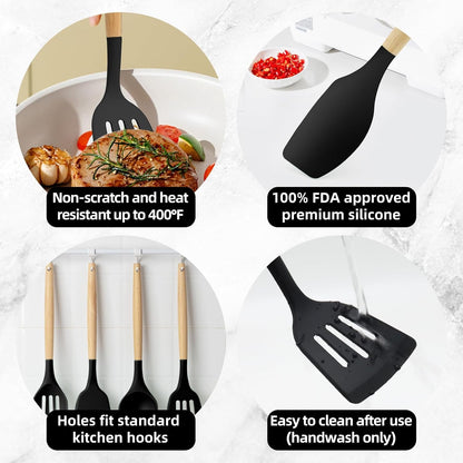 12-Piece Silicone Kitchen Utensils Set with Wooden Handle, Non-Stick & Heat Resistant Cooking Utensils (446°F), Includes Spatula, Spoon, Turner, Tongs, Whisk, Great for Home Cooks-Black2