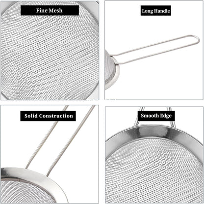 2 Pack Fine Mesh Strainers, Mini Stainless Steel Strainer with Handle for Kitchen, Metal Sieve Sifters for Straining Tea, Matcha, Cocktail, Juice and Coffee (8.6In 7.5In)3